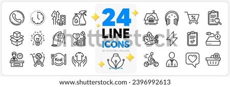 Icons set of Balcony, Vegetables and Packing boxes line icons pack for app with Shopping cart, Checklist, Energy thin outline icon. Inflation, Special offer, Power bank pictogram. Vector