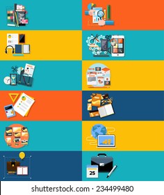 Icons set banners for applocation development, business seminar, business strategy, pay per click, brand design, business idea, adaptive development, analysis in flat design