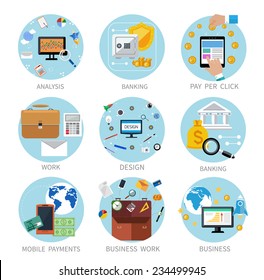 Icons set banners for business work, mobile payment, pay per click, banking, analysis in flat design