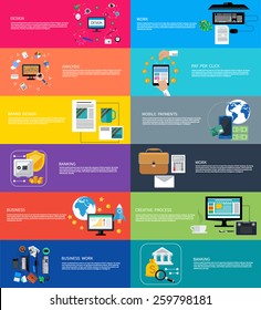 Icons set banners for business work, mobile payment, pay per click, brand design, creative process, banking, analysis in flat design