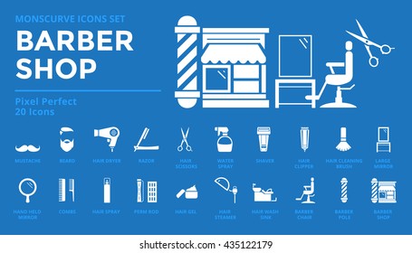 Icons set of Barber Shop Pixel Perfect Icons.  Simple mono linear pictogram pack stroke vector logo concept for web graphics.