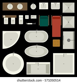 Icons set of bathroom furniture and elements, top view. 