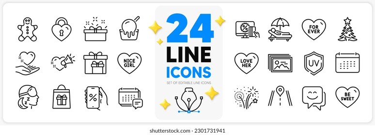 Icons set of Be sweet, Hold heart and Ice cream line icons pack for app with Sunbed, Delivery boxes, Message thin outline icon. Present box, Smile face, Fireworks pictogram. Calendar. Vector