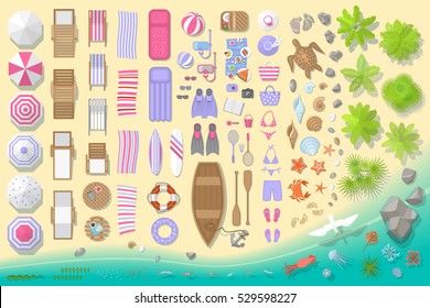 Icons set. Beach elements and objects. (top view) Isolated Vector Illustration. Beach, umbrellas, sunbeds, chairs, games, clothing, shells, fish, animals, palm trees. (view from above).