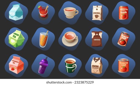 Icons set of Beverages in Glass and Plastic Cups: Milk, Green Tea, Strawberry Drink, Orange Juice, Bubble Tea, Bubble Cups with Straw, Cocoa Package, Tomato Soup., Cartoon Vector Illustration