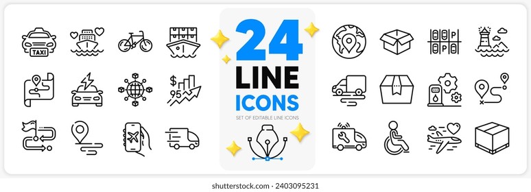 Icons set of Bicycle, Delivery route and Pin line icons pack for app with Flight mode, Travel path, Filling station thin outline icon. Opened box, Shipment, Taxi pictogram. Vector