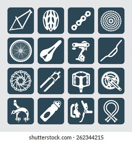 Icons set of bicycle parts and accessories. Vector illustration.