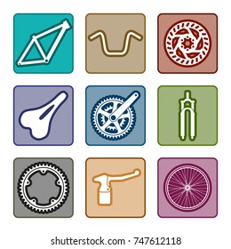 Icons set of bicycle parts and accessories on white background. Vector isolated illustration