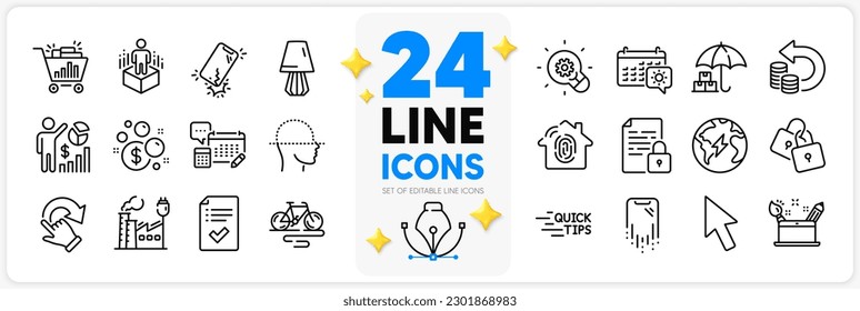 Icons set of Bike, Seo shopping and Rotation gesture line icons pack for app with Cash back, Fingerprint access, Seo statistics thin outline icon. Augmented reality, Lock, Innovation pictogram. Vector