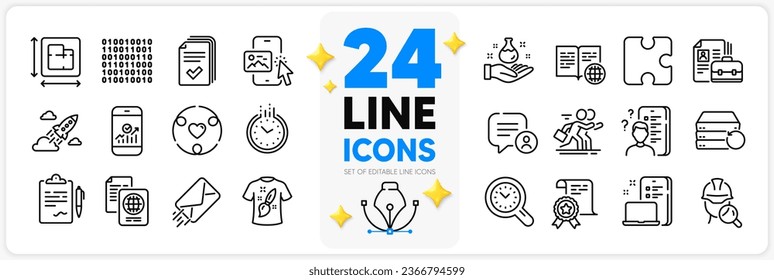 Icons set of Binary code, Vacancy and Certificate line icons pack for app with Puzzle, Device, Chat bubble thin outline icon. T-shirt design, Time management, Chemistry lab pictogram. Vector