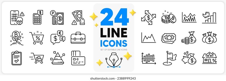 Icons set of Bitcoin, Loan and Growth chart line icons pack for app with Coins bag, Loyalty points, Mortgage thin outline icon. Diagram chart, Check investment, Portfolio pictogram. Vector