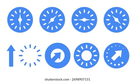 Conjunto de iconos Blue Icon Colección plana Navegación Brújula y Kit de símbolos de flecha. Ilustración vectorial