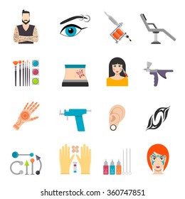 Icons set with bodyart  tattoo piercing and special equipments for man and woman vector illustration