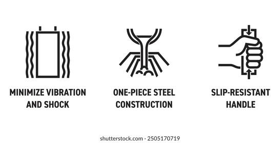 Icons set in bold line. For labeling of working tools such as hammer, pilers or sledge - minimize vibration and shock, one-piece steel construction, slip-resistant handle