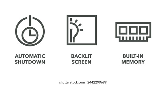 Icons set in bold line for Temperature meter device - Colored indicator, Backlit screen, Forehead or Ear measurement, Built-in memory, Unit switch, Auto shutdown timer. Monochrome pictograms for