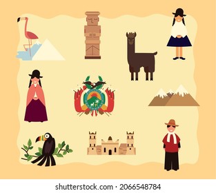 icons set bolivia, people and landmaks