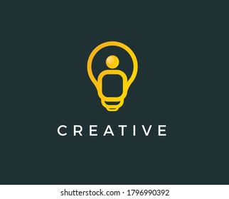 Icons set with brain, light bulb, human head. Creative idea, mind, nonstandard thinking logo. Isolated on black background