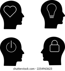 Icons set with brain, light bulb, human head. Creative idea, mind, nonstandard thinking logo lock