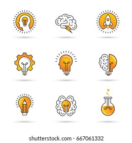 Icons set with brain, light bulb, human head. Creative idea, mind, nonstandard thinking logo. Isolated on white background