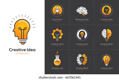 Icons Set With Brain, Light Bulb, Human Head. Creative Idea, Mind, Nonstandard Thinking Logo. Isolated On Black Background