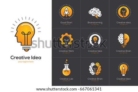 Icons set with brain, light bulb, human head. Creative idea, mind, nonstandard thinking logo. Isolated on black background