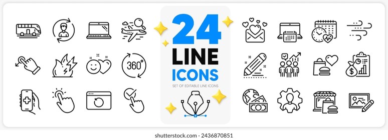 Icons set of Brand contract, Professional and Human resources line icons pack for app with Love mail, Business statistics, Food market thin outline icon. Calendar, Report, Smile pictogram. Vector