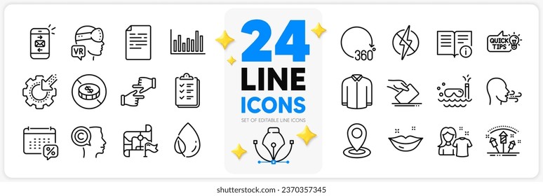 Icons set of Breathing exercise, Antistatic and Leaf dew line icons pack for app with No cash, Voting ballot, Clean shirt thin outline icon. Bar diagram, Scuba diving. Design with 3d stars. Vector