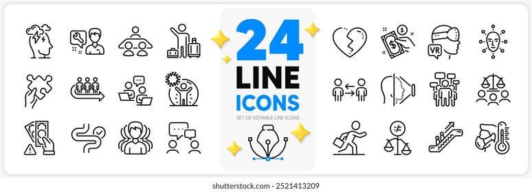 Icons set of Broken heart, Teamwork and Puzzle line icons pack for app with People chatting, Stress, Augmented reality thin outline icon. Queue, Coronavirus protection, Escalator pictogram. Vector