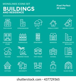 Icons set of Buildings and Residence. Pixel Perfect Icons. Simple mono linear pictogram pack stroke vector logo concept for web graphics.