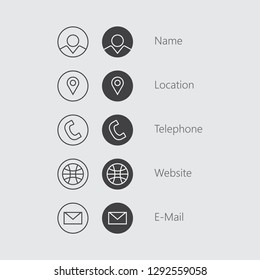 Icons Set for Business Card (Name, Location, Website, Telephone, and E-Mail)