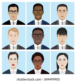 Icons Set of business people  Different Nationality: european, korean, chineese, african american.