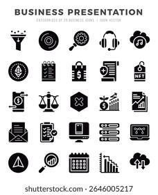 ícones definidos. Apresentação de negócios para ilustração vetorial web. app.
