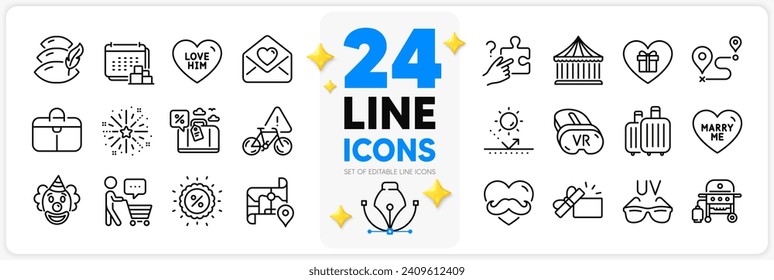 Icons set of Buyer think, Sun protection and Delivery line icons pack for app with Gas grill, Carousels, Travel loan thin outline icon. Father day, Fireworks explosion, Love letter pictogram. Vector