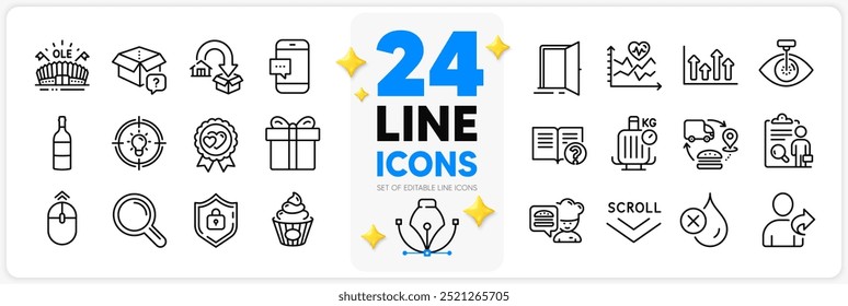 Icons set of Cake, Gift box and No waterproof line icons pack for app with Supply chain, Open door, Refer friend thin outline icon. Moving service, Inspect, Research pictogram. Help. Vector