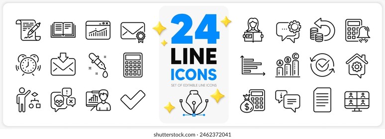 Icons set of Calculator alarm, Video conference and Time management line icons pack for app with Education, Finance calculator, Cyber attack thin outline icon. Algorithm. Design with 3d stars. Vector