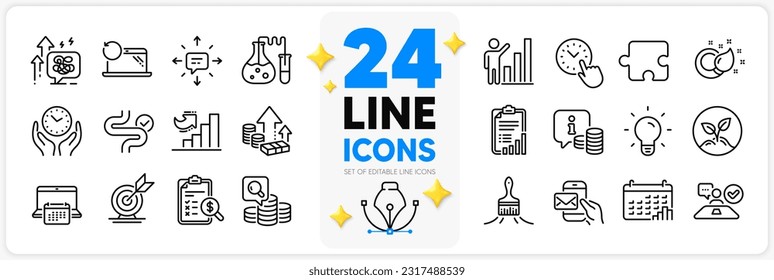 Icons set of Calendar, Accounting report and Digestion line icons pack for app with Checklist, Job interview, Safe time thin outline icon. Calendar graph, Stress grows, Graph chart pictogram. Vector