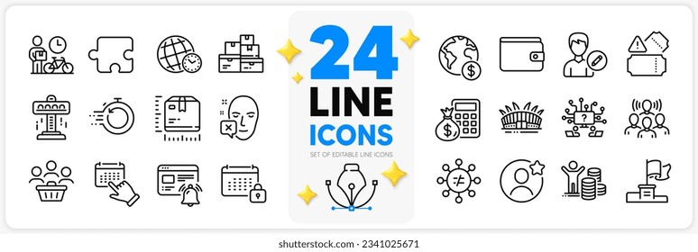 Icons set of Calendar, Fast recovery and Arena stadium line icons pack for app with Time zone, Internet notification, Bike courier thin outline icon. Face declined, Team work, Puzzle pictogram. Vector