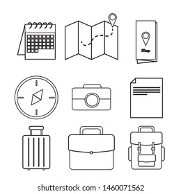 Travel´s icons set. Calendar, map, compass, camera, note, suitacase and bag icons. Holidays´s icons set. Balck and white. Line icons