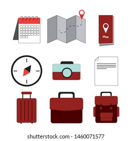 Travel´s icons set. Calendar, map, compass, camera, note, suitacase and bag icons. Holidays´s icons set.
