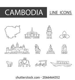 Icons set of Cambodia black thin line. Set of map, architecture, tradition and more.