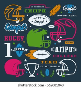 Icons set of campus rugby team. Graphic design for t-shirt. Color print on black background