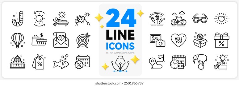 Icons set of Candy, Creative idea and Puzzle time line icons pack for app with Discount tags, Heart, Sun protection thin outline icon. Sunglasses, Discount offer, Lounger pictogram. Vector