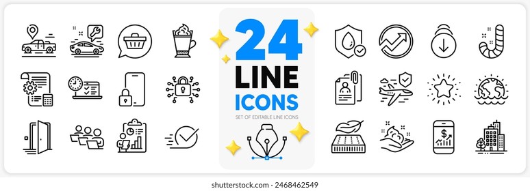 Icons set of Candy, Lightweight mattress and Scroll down line icons pack for app with Teamwork, Door, Interview documents thin outline icon. Twinkle star, Lock, Audit pictogram. Vector