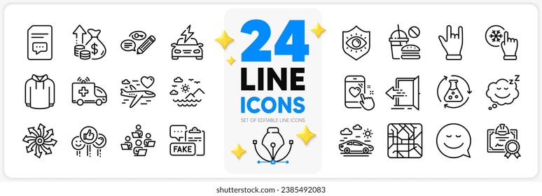 Icons set of Car travel, Eye protection and Comments line icons pack for app with Versatile, Fast food, Entrance thin outline icon. Hoody, Freezing click, Sea mountains pictogram. Vector