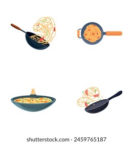 ?ookery icons set cartoon vector. Various tasty dishes cooked in frying pan. Food concept