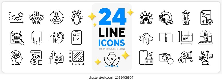 Icons set of Cash back, Fake news and Report document line icons pack for app with Start business, Recovery photo, Floor plan thin outline icon. Stress, Report, Teamwork pictogram. Vector