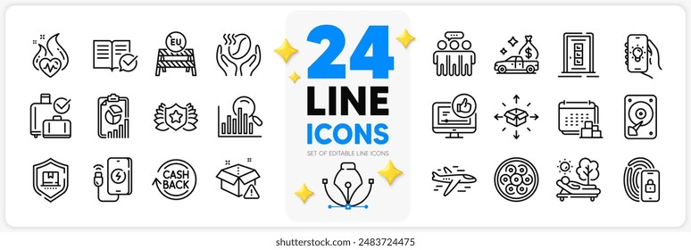 Icons set of Cash transit, Cable section and Laureate line icons pack for app with Approved documentation, Electric app, Report thin outline icon. Baggage reclaim, Delivery, Hdd pictogram. Vector