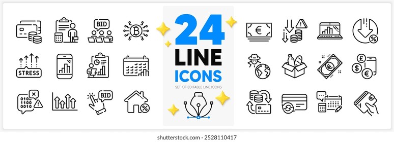 Icons set of Change card, Loan house and Money line icons pack for app with Calendar graph, Report, Deflation thin outline icon. Stress grows, Loan percent, Accounting pictogram. Vector