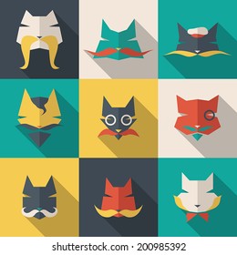 Icons set character cats in flat style. Long shadow, colorful
