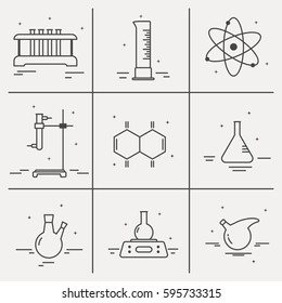Icons set of chemical laboratory equipment in outline style. Graphic design elements for packaging, apps, website, advertising, poster and brochure - Shutterstock ID 595733315
